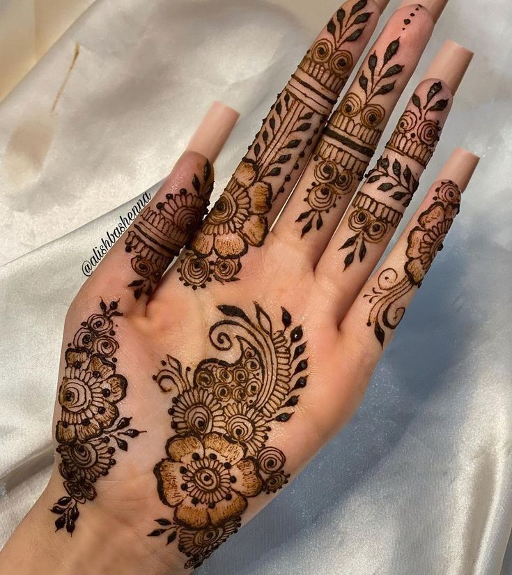 a woman's hand with henna tattoos on it and an intricate flower design