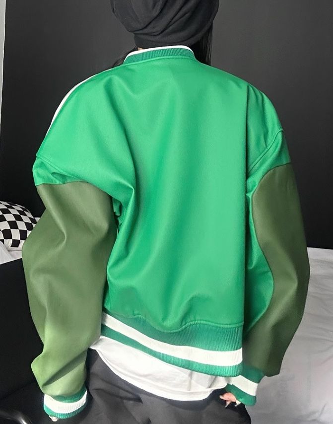 Green Contrasting Varsity Jacket | Dino - Seventeen L Casual Green Outerwear With Ribbed Cuffs, Oversized Spring Outerwear In College Style, Casual Green Varsity Jacket With Ribbed Cuffs, Green Long Sleeve Varsity Jacket For Spring, Green Long Sleeve Varsity Jacket For Fall, Sporty Green Outerwear With Ribbed Cuffs, Sporty Oversized Varsity Jacket For Spring, Green College Style Outerwear For Winter, Green College Style Winter Outerwear