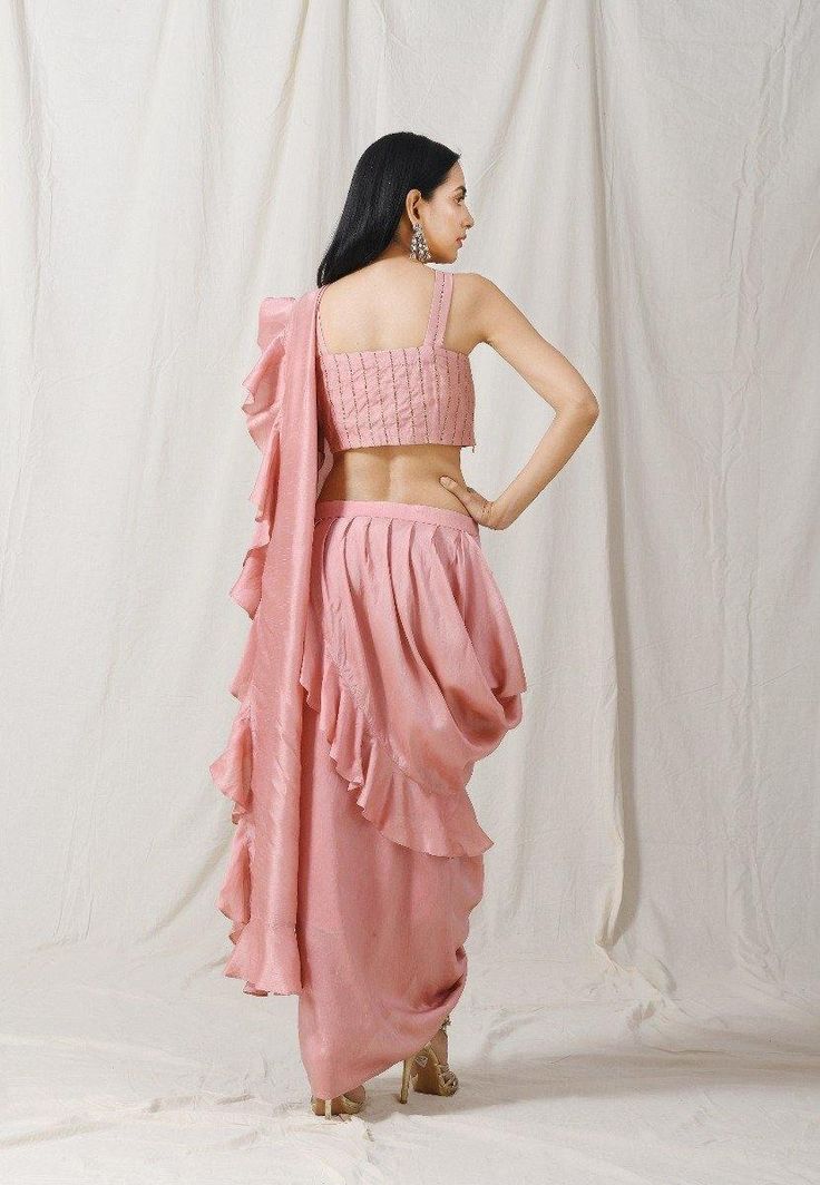 Onion Pink Ruffle Saree with Stitched Blouse Set of 2 - Trendroots Pink Ruffle Saree, Green Beds, Onion Pink, Dhoti Saree, Drape Sarees, Draped Saree, Ruffle Saree, Drape Saree, Green Bedding