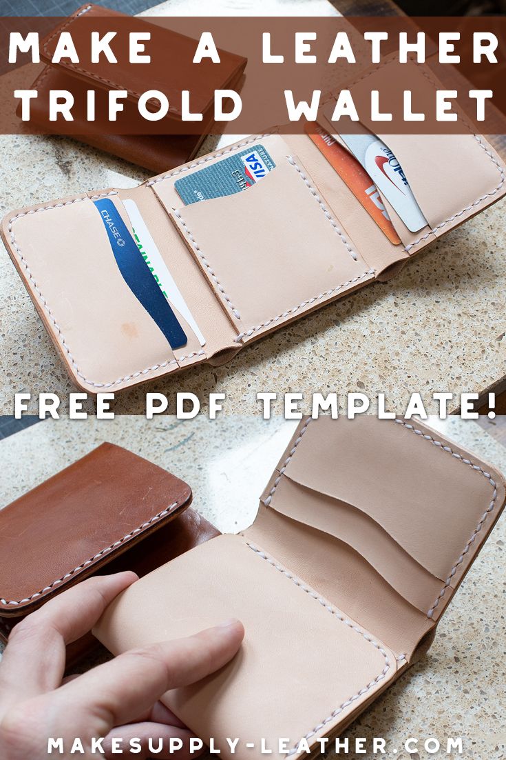 a hand holding a wallet with the text how to make a leather trifold wallet