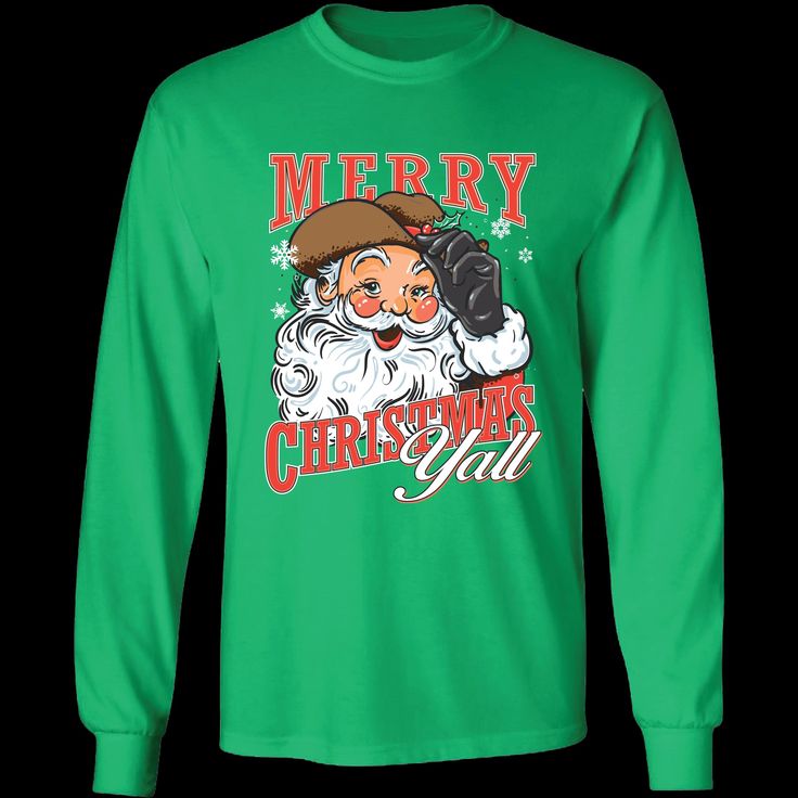 Get into the Christmas spirit with this festive Girlie Girl Originals T-Shirt! Featuring a solid green color, long sleeves, and a crew neckline, this shirt is perfect for any casual occasion during the holiday season. The shirt is made of 100% cotton and is machine washable for easy care. The shirt's design features a fun and playful Western theme, with Santa Claus and a Cowboy character. The shirt is perfect for anyone who loves Christmas and wants to add a touch of fun to their wardrobe. The shirt is available in a regular fit and is suitable for women of all ages. Winter Holiday Long Sleeve T-shirt, Green Long Sleeve T-shirt With Letter Print, Festive Long Sleeve Tops For New Year, Long Sleeve Graphic T-shirt For Holidays, Long Sleeve Graphic Print T-shirt For Holiday, Green Letter Print Tops For Winter, Green Long Sleeve T-shirt For Fall, Casual Long Sleeve Christmas T-shirt, Green Festive Top For Winter