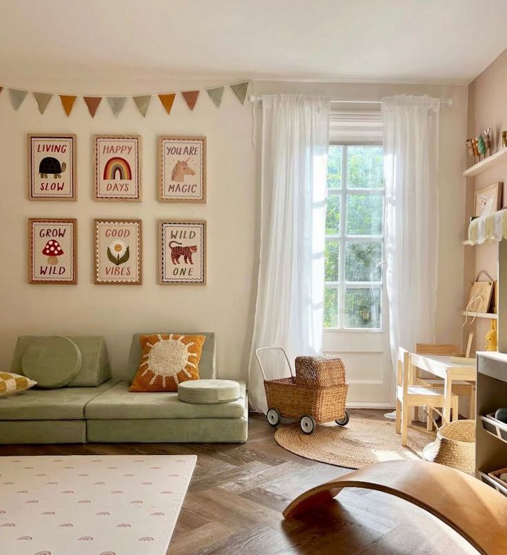 a living room filled with furniture and pictures on the wall above it's windows