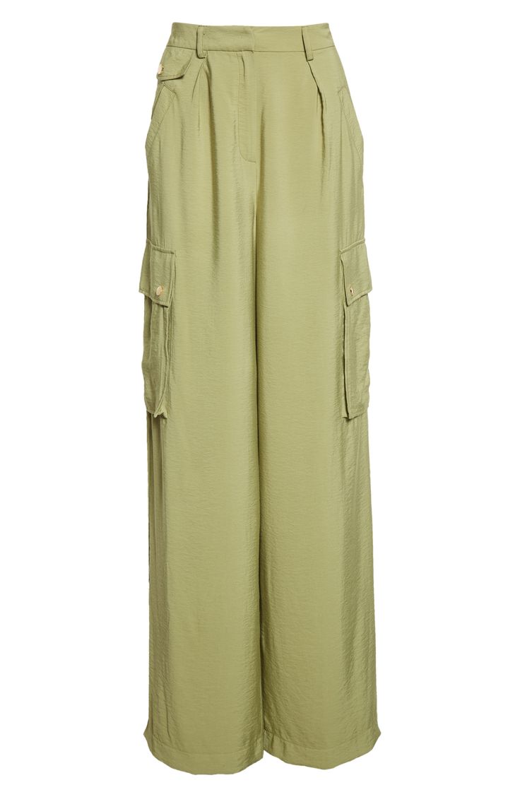 Cargo-style pockets lend practical appeal to high-waist pants kept free-flowing with a wide-leg silhouette. 34" inseam; 26" leg opening; 14 1/2" front rise; 18" back rise (size 8) 83% rayon, 17% nylon Dry clean Imported Spring Utility Wide Leg Pants With Elastic Waistband, Spring Utility Wide Leg Bottoms, Utility Wide Leg Bottoms For Spring, Versatile Wide-leg Cargo Pants For Spring, Spring Wide-leg Pants With Cargo Pockets, Versatile Wide Leg Pants With Pockets For Spring, Spring Wide Leg Pants With Pockets, Utility Wide-leg Pants With Elastic Waistband, Utility Style Wide-leg Pants With Elastic Waistband