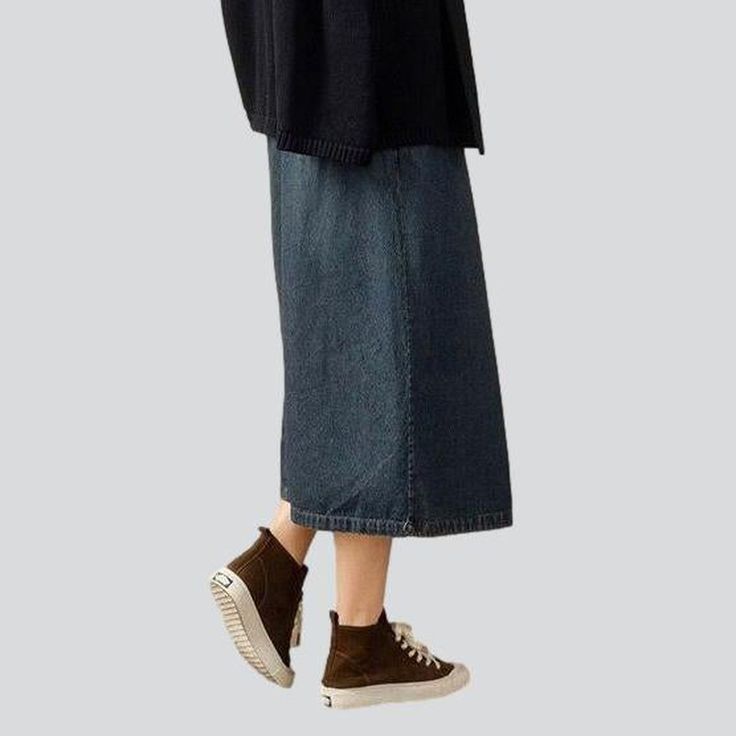 Chinese style long jeans skirt online. Excellent jeans skirt from the 2021 Autumn collection. Street fashion denim lets you focus on individualism and not strictly on current fashion trends. Dark blue or navy color is neutral with all its saturation and intensity, which means it can be perfectly combined with almost any color clothes. The dark wash denim gives a soft touch and a unique look. A high-waisted rise is particularly fit for those who want to lengthen their legs and highlight the figur Medium Wash Long Skirt For Fall, Casual Long Skirt For Everyday Wear, Fall Medium Wash Long Skirt, Fall Long Skirt In Medium Wash, Casual Ankle-length Denim Bottoms, Dark Wash Relaxed Fit Denim Skirt For Fall, Dark Wash Denim Skirt For Fall, Relaxed Fit Dark Wash Denim Skirt For Fall, Fall Dark Wash Relaxed Fit Denim Skirt