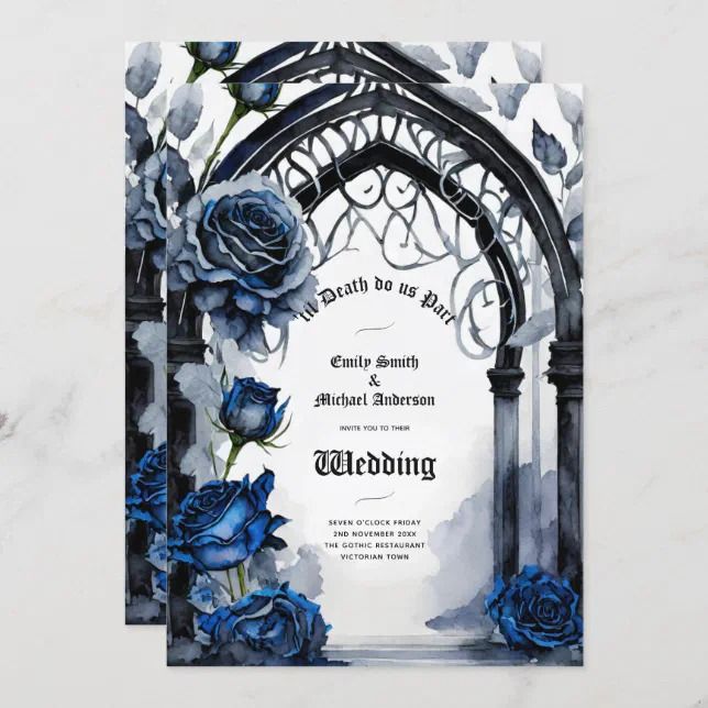 a wedding card with blue roses and an arch in the middle, on a marble surface