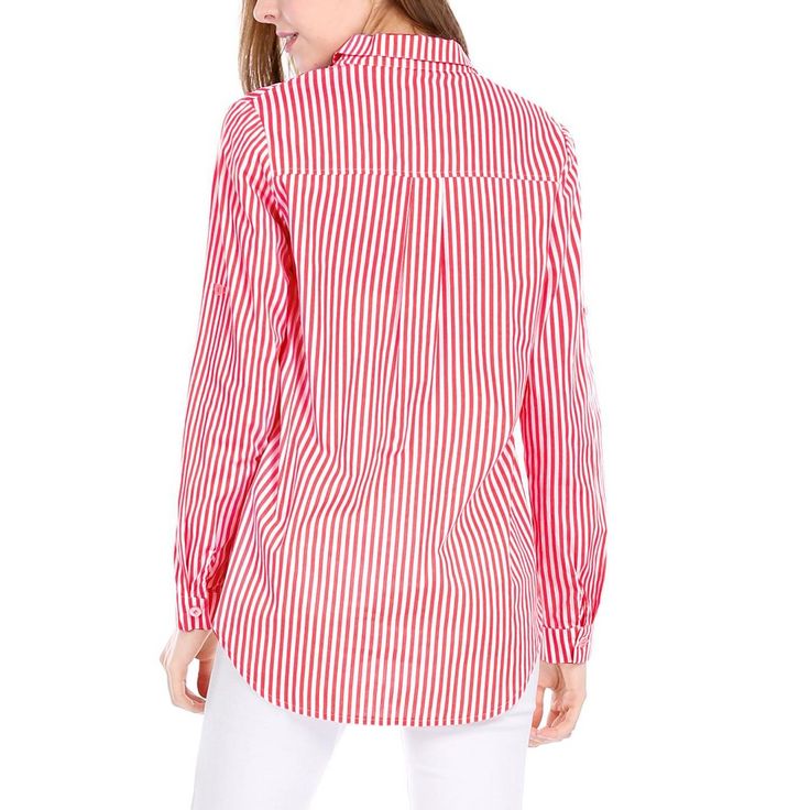 Clean stripes lend a graphic touch to this button-down shirt. A trendy high-low hem and roll-up sleeves for added laid-back appeal. Wear this on the weekend running errands or Sunday brunch. Pair it perfectly with your favorite trousers and heels for an instant charming outfit. Amp up your ensemble with this striped shirt. Casual Blouse With Roll-up Sleeves And Shirttail Hem, Trendy Button-up Shirt With Rolled Sleeves, Casual Tops With Roll-up Sleeves And Shirttail Hem, Red Trendy Button-up Tops, Trendy Red Button-up Tops, Trendy Relaxed Fit Blouse With Roll-up Sleeves, Trendy Blouse With Roll-up Sleeves In Relaxed Fit, Trendy Spread Collar Tops For Day Out, Trendy Shirt With Shirttail Hem For Daywear