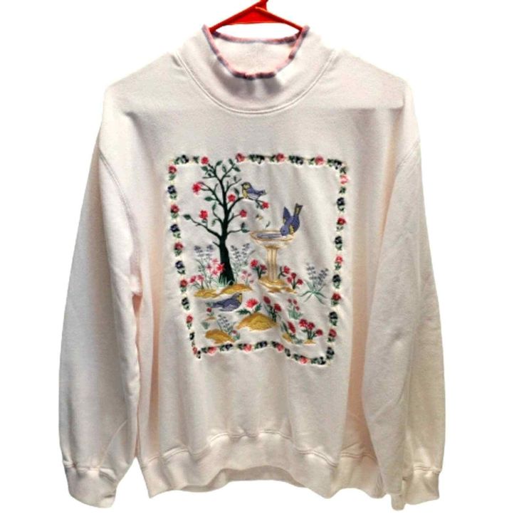 Vintage ALFRED DUNNER "Birds" Embroidered Pullover 
Size:Large
Color:White with shade of light pink
Embroidered design
MEASUREMENTS PICTURED 
65%Polyester;35%Cotton
*Any damages/stains/flaws (if there are any) are pictured* Vintage Embroidered Cotton Sweater, Vintage Embroidered Long Sleeve Sweatshirt, Vintage Long-sleeved Embroidered Sweatshirt, Vintage Embroidered Crew Sweatshirt, Vintage Crew Sweatshirt With Embroidery, Vintage Cotton Sweater With Embroidered Graphics, Vintage Embroidered Crew Neck Sweater, Vintage Embroidered Sweater For Fall, Vintage Embroidered Sweatshirt