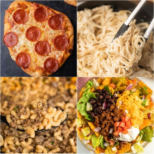 the four pictures show different types of pizzas, pasta and other food items that are being cooked