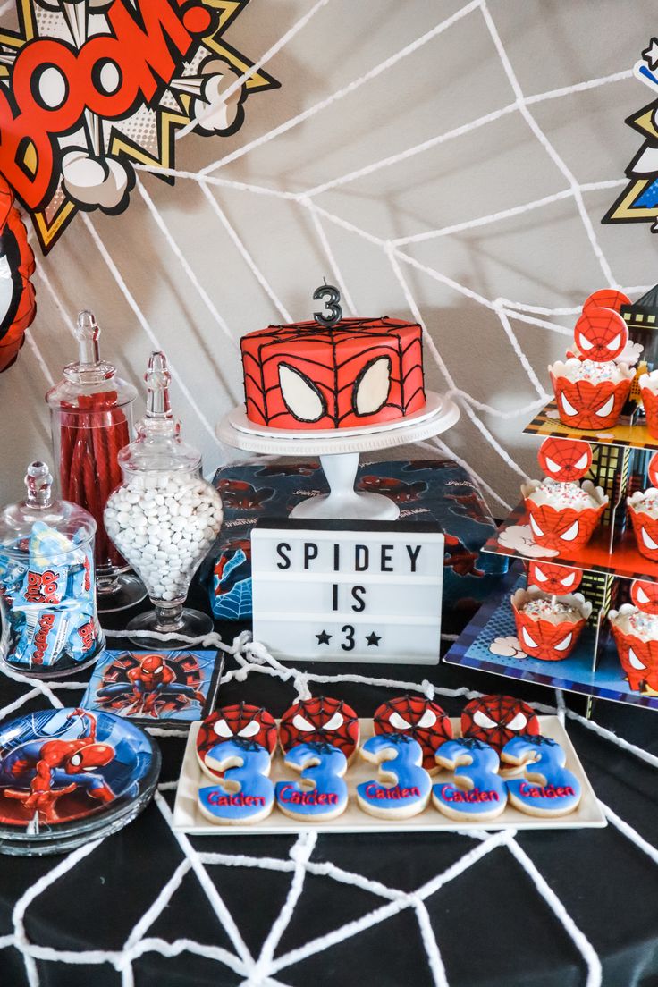 Spider-Man birthday dessert cake table decor Spider Man Birthday Party Ideas Dessert Tables, Spiderman Dessert Table Ideas, Spider Man Birthday Table, Spider Man 2 Birthday, Spidey Second Birthday, Amazing Spider Man Birthday, Spider Man Birthday Set Up, Spiderman Birthday Party 3, Spiderman Second Birthday Party