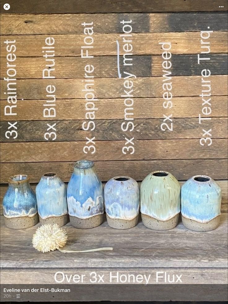 seven vases are lined up in front of a wooden sign that says over 3x honey fix