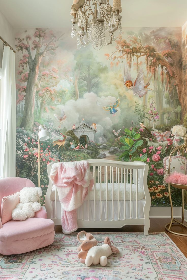 a baby's room decorated in pink and white with a mural on the wall