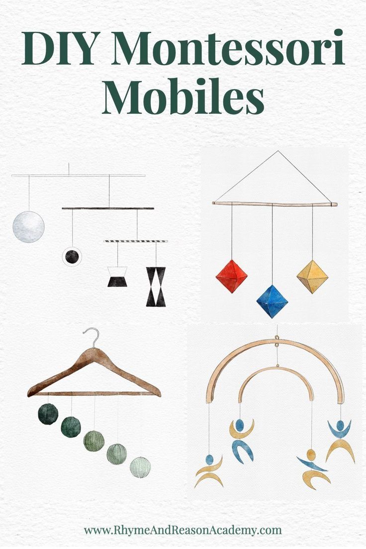 a poster with different types of mobiles hanging from it's sides and the words diy montessori mobiles