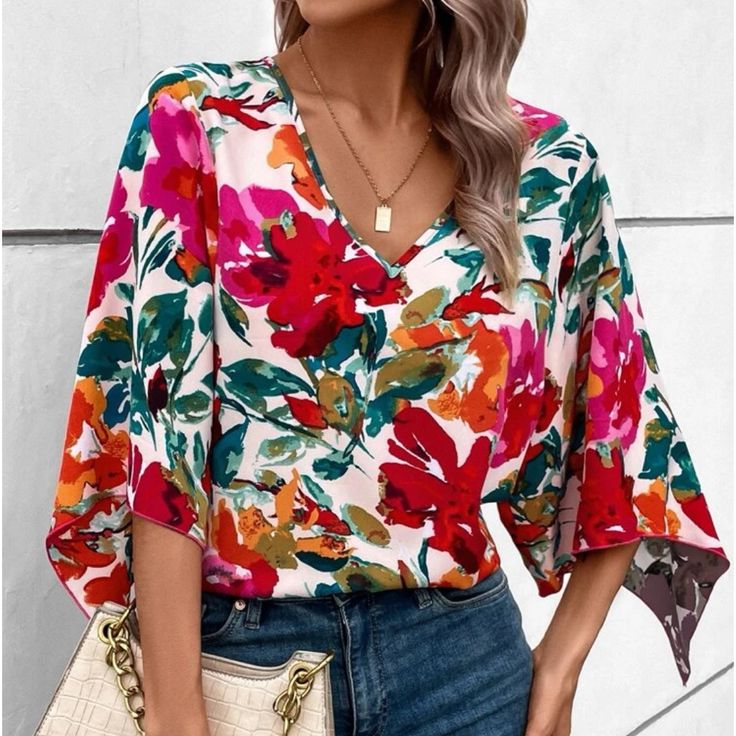 Spring Floral Print V-neck Shirt, V-neck Floral Print Relaxed Fit Shirt, Spring V-neck Shirt For Brunch, Casual V-neck Shirt For Brunch, V-neck Floral Print Fall Shirt, Fall Floral Print V-neck Shirt, Multicolor V-neck Top For Brunch, Red V-neck Shirt For Vacation, Vacation Red V-neck Shirt