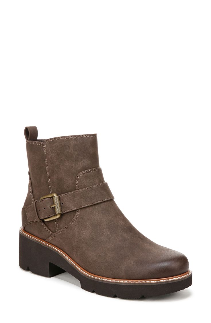 Contour+ technology ensures all-day comfort in this moto-inspired bootie with a buckled strap and toothy lug sole. 2 1/4" heel; 3/4" platform 4 1/2" shaft; 10 1/4" calf circumference Side zip closure Synthetic upper/textile lining/synthetic sole Imported Chunky Block Heels, Eva Sole, Womens Ankle Boots, Cabaret, Moto Boots, Lug Sole, Short Boots, Boot Shoes Women, Nice Shoes