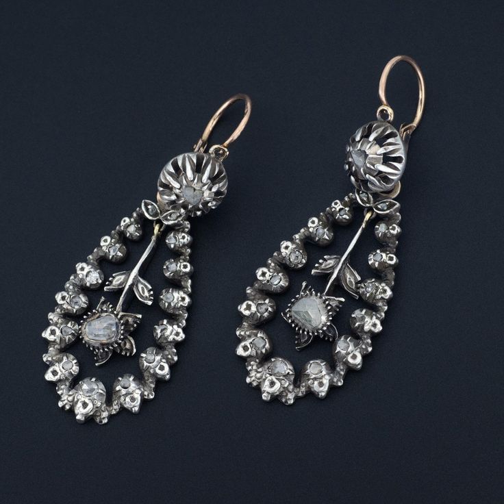 Antique Diamond Earrings | Victorian Earrings | Diamond Flower Earrings | Georgian Revival Earrings | Silver & Gold Earrings Victorian Style Ceremonial Earrings For Pierced Ears, Victorian Style Ceremonial Dangle Earrings, Antique Drop Earrings With Historical Design, Antique Earrings With 17 Jewels For Ceremonial Occasions, Victorian Hallmarked Earrings For Ceremonial Occasions, Antique Jewelry With Historical Design Drop Earrings, Antique Jewelry Drop Earrings With Historical Design, Antique Historical Drop Earrings, Formal Drop Earrings With Historical Design