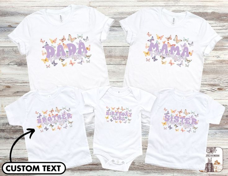 Butterfly Theme Family Birthday Shirts This classic unisex jersey short sleeve tee fits like a well-loved favorite. Soft cotton and quality print make users fall in love with it over and over again. These t-shirts have-ribbed knit collars to bolster shaping. The shoulders have taping for better fit over time. Dual side seams hold the garment's shape for longer. -100% Airlume combed and ringspun cotton (fiber content may vary for different colors) -Light fabric (4.2 oz/yd² (142 g/m - Retail fit - Tear away label -Runs true to size Care Instructions - Turn inside out and machine wash cold on delicate cycle - Dry on low heat setting - Do not bleach - Do not dry clean - Do not iron directly on design Disclaimer - Colors in listings may slightly vary depending on what device you are using - Pri Unisex Pre-shrunk T-shirt For First Birthday, White Letter Print T-shirt For Gender Reveal, Short Sleeve Shirt For Birthday And Father's Day, Fitted Custom Print Tops For Birthday, First Birthday Graphic Tee With Short Sleeves, Summer Birthday Pre-shrunk T-shirt, Family Matching Custom Print Birthday Shirt, Pre-shrunk Summer Birthday T-shirt, Customizable Short Sleeve T-shirt For First Birthday