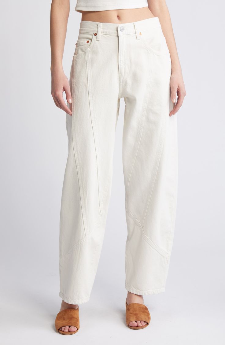 Hit refresh on white-jeans season with a with a sturdy, all-cotton denim pair turned out in a trending tapered silhouette with diagonal seaming. 30" inseam; 17" leg opening Zip fly with button closure Five-pocket style 100% cotton Machine wash, tumble dry Imported White Denim Jeans, White Denim, Wide Leg Jeans, White Vintage, Leg Jeans, White Jeans, Wide Leg, Nordstrom, Turn Ons