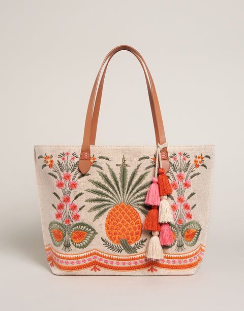 Fiesta Tote Alljoy Landing Pineapple Vacation Cotton Bag With Embroidery, Embroidered Cotton Vacation Bag, Embroidered Cotton Bag For Vacation, Casual Embroidered Beach Bag For Vacation, Spring Embroidered Beach Bag Tote, Spring Embroidered Tote Beach Bag, Summer Cotton Bags With Floral Embroidery, Summer Vacation Bags With Floral Embroidery, Embroidered Bohemian Beach Bag For Summer