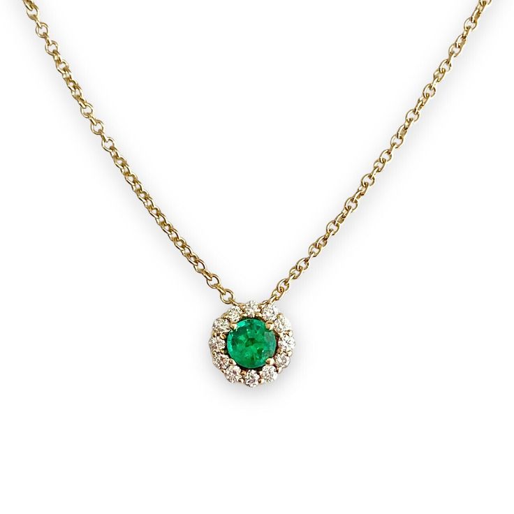 GREEN EMERALD &  DIAMOND HALO NECKLACE IN 14K YELLOW GOLD GREEN EMERALD & DIAMOND HALO NECKLACE IN 14K YELLOW GOLD Specifications: Metal: 14K Yellow Gold(Au 54 - 58.3%) Weight: 3.6 Gr Center Stone: Round Green Emerald ( 5mm Wide) Side Stones: 0.14cttw Diamonds FG VS Size: 18 Inch Pictures are of the actual item being purchased. Jewelries have been magnified for detail. Gemstones and diamonds are 100% natural unless otherwise stated as lab made or enhanced. All carat weights and measurements are Green Diamond Necklace In Fine Jewelry Style, Fine Jewelry Emerald Necklace In Yellow Gold With Diamonds, Fine Jewelry Brilliant Cut May Birthstone Necklace, Green 14k Gold Pendant Jewelry, Luxury Green Diamond Necklace For May Birthstone, Fine Jewelry Green Diamond Gemstone Necklace, Green Gemstone Diamond Necklace In Fine Jewelry Style, Green Diamond Necklace Fine Jewelry, Classic Green Diamond Pendant Necklace