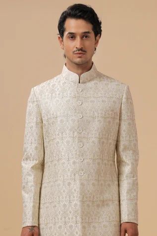 Shop for Raghavendra Rathore Blue Off White Raw Silk Flower Embroidered Achkan for Men Online at Aza Fashions Achkan For Men, Raghavendra Rathore, Raw Silk Embroidery, Pattern Embroidery, Thread Embroidery, Silk Embroidery, Silk Flower, Churidar, Full Sleeves