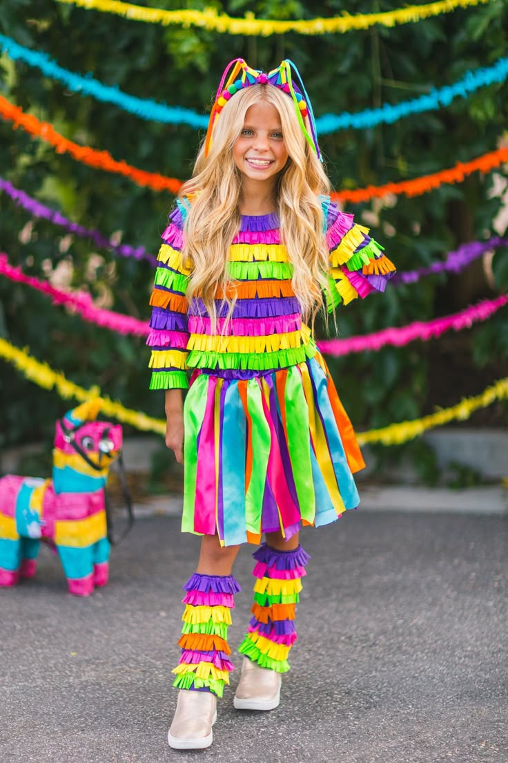 Rainbow Piñata Girl Costume 4 Piece Set Book Week Unicorn Costume, Pom Pom Skirts For Kids, Luli Pampin Dress, Mid Fit Toys Dyi Costumes, Garbage Bag Dress For Kids, Llama Llama Costume Teacher, Alphabet Fancy Dress, Toy Costumes For Kids, Pinata Headband