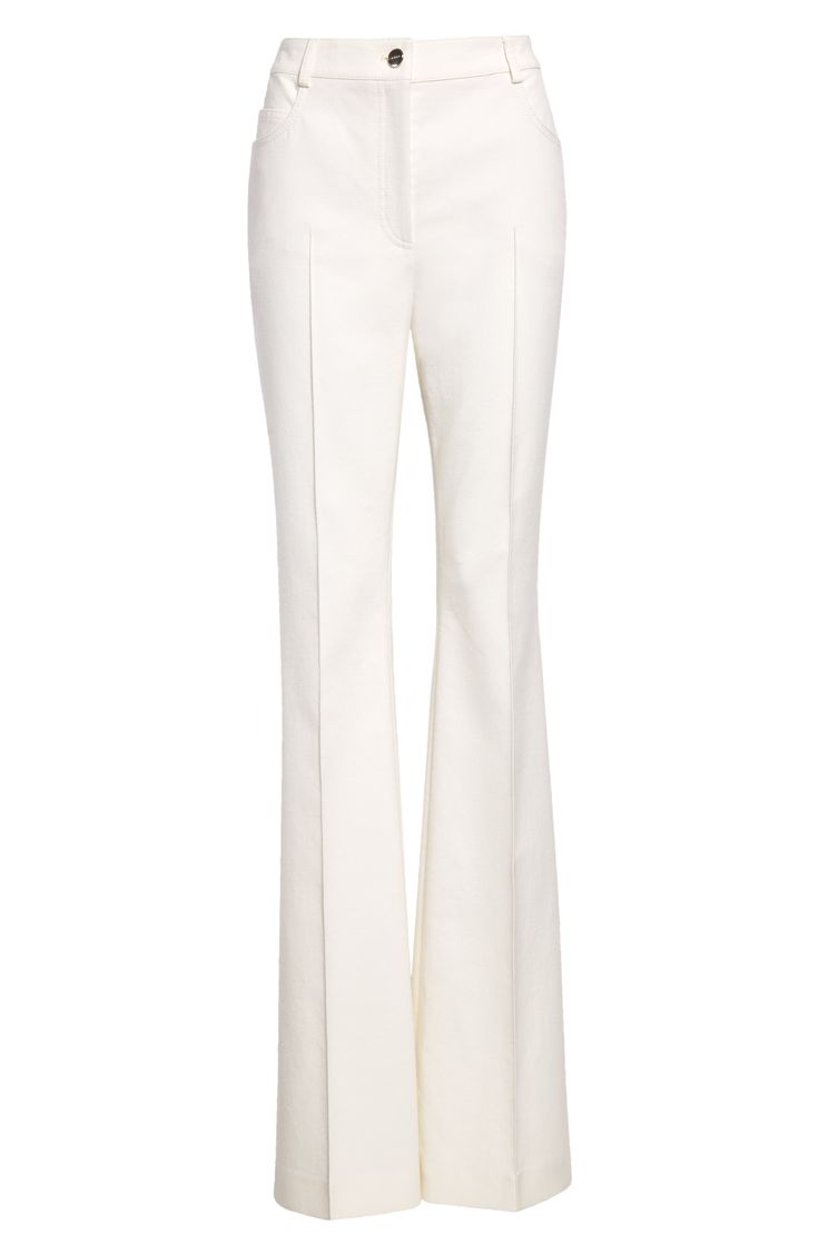 A silk-softened blend elevates high-waist pants tailored with the label's quintessential clean lines and signature stark style. 35" inseam; 24" leg opening; 12 1/2" front rise; 17 1/2" back rise (size 16) Zip fly with button closure Front slant pockets 50% cotton, 44% silk, 4% elastane, 2% nylon Dry clean Made in Romania Women's Designer Clothing Elegant White Wide Leg Pants With Pressed Crease, Tailored White Wide Leg Pants With Pressed Crease, White High-waisted Wide Leg Pants With Pressed Crease, Formal White Wide Leg Pants With Pressed Crease, Chic Cream Bottoms With Pressed Crease, Chic White Bottoms With Pressed Crease, White Wide-leg Bottoms With Pressed Crease, Fitted White Wide Leg Pants With Pressed Crease, White Wide Leg Pants With Pressed Crease For Work