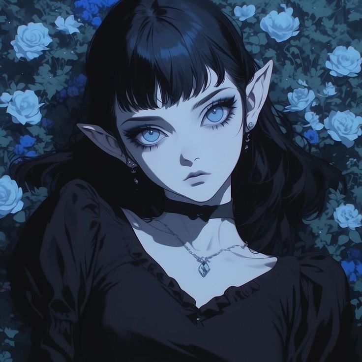 an anime character with blue eyes and black hair, wearing a black dress in front of flowers