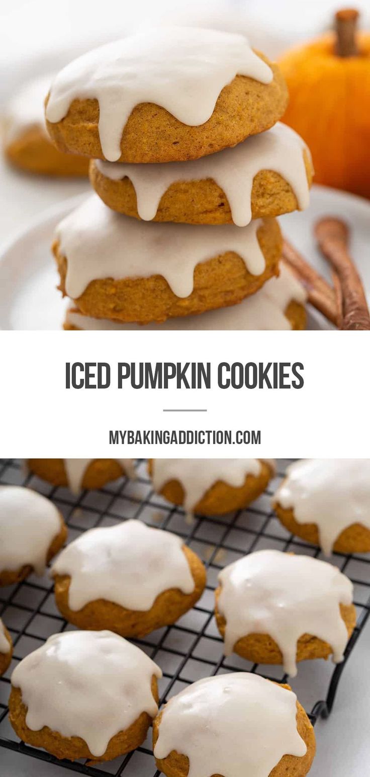 iced pumpkin cookies stacked on top of each other