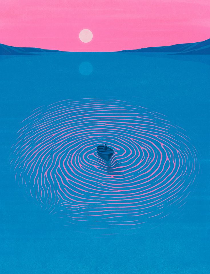 a blue and pink painting with ripples in the water