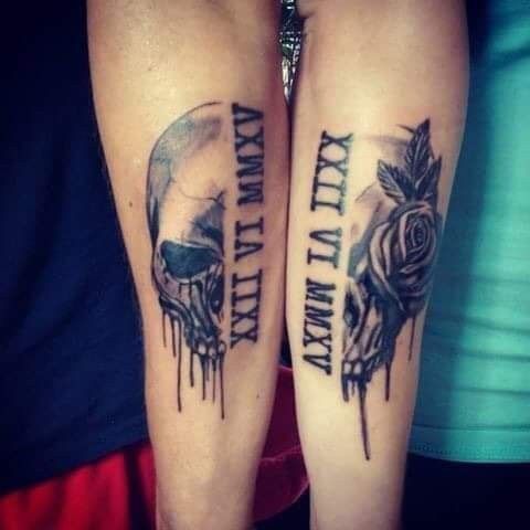 two people with tattoos on their legs and one has a rose in the middle, while the other has a skull