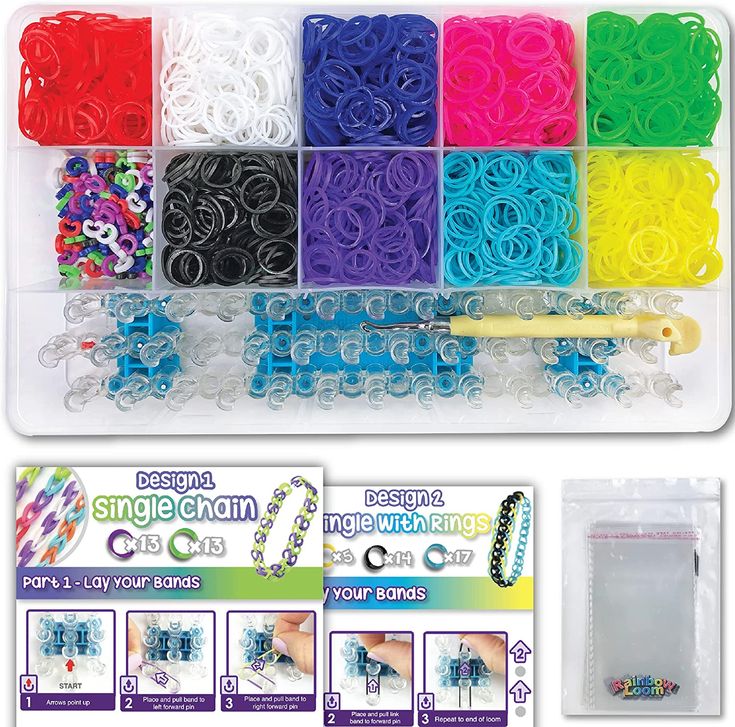 an assortment of different colored rubber bands in a plastic case with instructions to make them