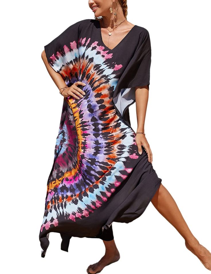 PRICES MAY VARY. Plus size kaftan cover ups for swimwear fits US size M-XXL, Bust:59.8" Length:51.6" Shoulder:34.2" Beautiful colors kaftan dress for women without being see-through Perfect weight-it is not sheer,it is not heavy.Made of lightweight fabric,comfy and roomy,washes and drys well This long cover up dress provides enough coverage from the sun,perfect for hot summer days when you are outside Great as a beautiful swimsuit cover and poolside loungewear,could be worn as summer dress for c Flowy V-neck Swimwear For Beach Cover-up, Flowy V-neck Beach Dress For Resort, Multicolor V-neck Cover-up For Beach Party, Beach V-neck Printed Kaftan, V-neck Kaftan For Beach Vacation, Beachy Multicolor V-neck Cover-up, Bohemian Flowy V-neck Swimwear, V-neck Summer Kaftan For Vacation, Beachwear Swim Dress With Short Sleeve For Beach Cover-up