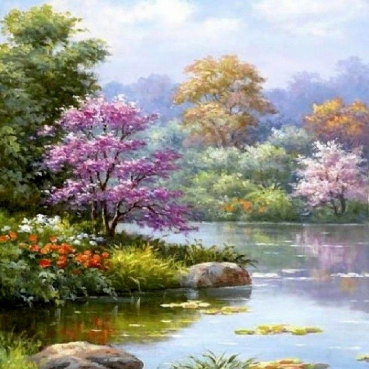 a painting of flowers and trees by the water