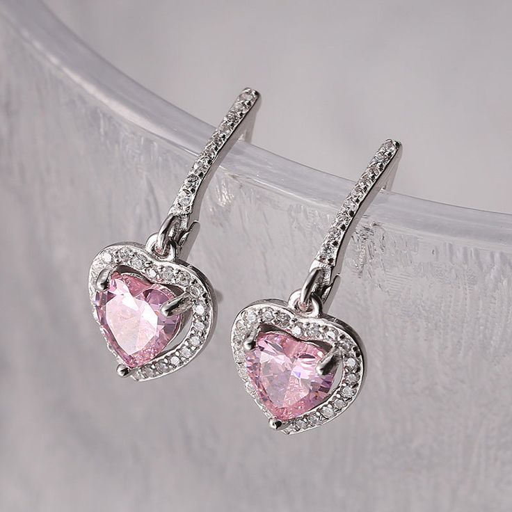 LOVCIA Sterling Silver Heart-Shaped Pink Crystal Drop Earrings for Women Pink Heart Cut Wedding Earrings, Elegant Pink Heart Cut Earrings, Pink Heart Earrings For Wedding, Elegant Pink Heart Earrings For Anniversary, Elegant Pink Heart Earrings, Heart-shaped Wedding Earrings For Mother's Day, Open Heart Wedding Earrings For Mother's Day, Open Heart Earrings For Wedding And Mother's Day, Silver Heart Earrings For Mother's Day Party