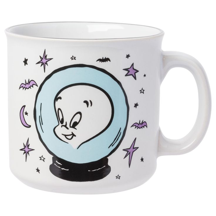 a white coffee mug with a cartoon character on it's face and stars in the background