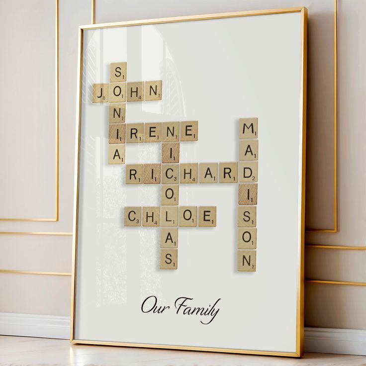 a scrabble tile family name is displayed in front of a white framed photograph