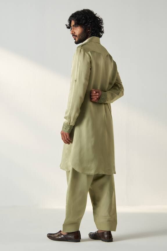 Green pathani kurta featuring dori embroidery on front yoke and sleeve cuff. Paired with linen satin salwar. - Aza Fashions Salwar For Men, Satin Salwar, Dori Embroidery, Men Kurta, Salwar Pattern, Satin Color, Sleeve Cuff, Aza Fashion, Full Sleeve