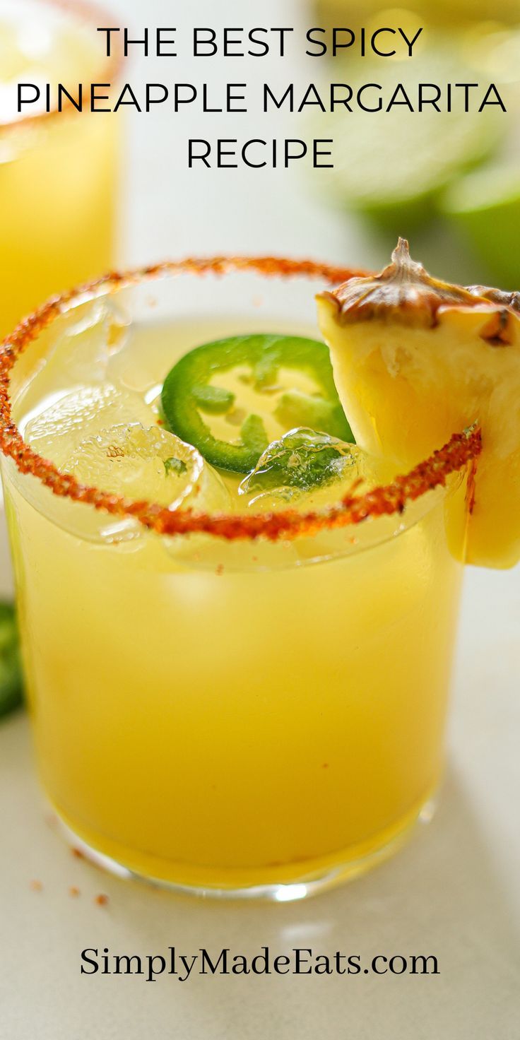 pineapple jalapeno margarita in cocktail glass with tajin around rim and topped with a jalapeno and pineapple wedge Pitcher Margaritas, Pitcher Margarita Recipe, Pineapple Margarita Recipe, Spicy Pineapple, Pineapple Margarita, Jalapeno Margarita, Jalapeno Pepper, Calf Exercises, Spicy Margarita