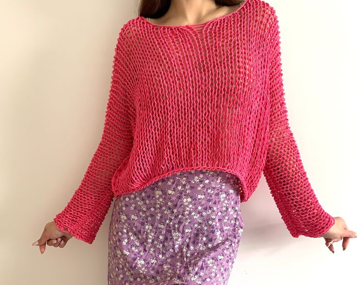 "Pink loose  cotton top Color on the photo : PINK Size on the photo: M ✔️55 % cotton  ✔️45 % acrylic  PRE-ORDER READY TO SHIP sweaters there: https://www.etsy.com/shop/TianashopUa?section_id=27482280 This sweater has  a loose weave, it may stretch, therefore the size measurement various.   Dimensions for XS size: Length - 44 cm. / 14.9\" Width - 48-53 cm. / 18.9\"-20.8\" Sleeve lenght - 62-65cm. /24.4\"-25.5\" Sleeve girth- 28cm. / 11\" Weight - 0.19 kg. /6.7oz Dimensions for S size: Length - 44 cm. / 14.9\" Width - 50-55 cm. / 19.6\"-21.6\" Sleeve length - 62-65cm. /24.4\"-25.5\" Sleeve girth  - 28 cm. / 11\" Weight - 0.19 kg. /6.7oz Dimensions for M size: Length - 45 cm. / 17.7\" Width - 54-58 cm. / 21.2\"-22.8\" Sleeve lenght - 68-70 cm. /26.7\"-27.5\" Sleeve girth- 30 cm. / 11.8\" Weig Spring Beach Sweater In Chunky Knit, Spring Chunky Knit Beach Sweater, Spring Chunky Knit Sweater For Beach, Chunky Knit Sweater For Spring Beach Outings, Knit Beach Sweater For Spring, Knit Fabrication Sweater For Beach In Spring, Knit Sweater For Spring Beach Outings, Knit Sweater For Beach In Spring, One Size Summer Sweater For A Day Out