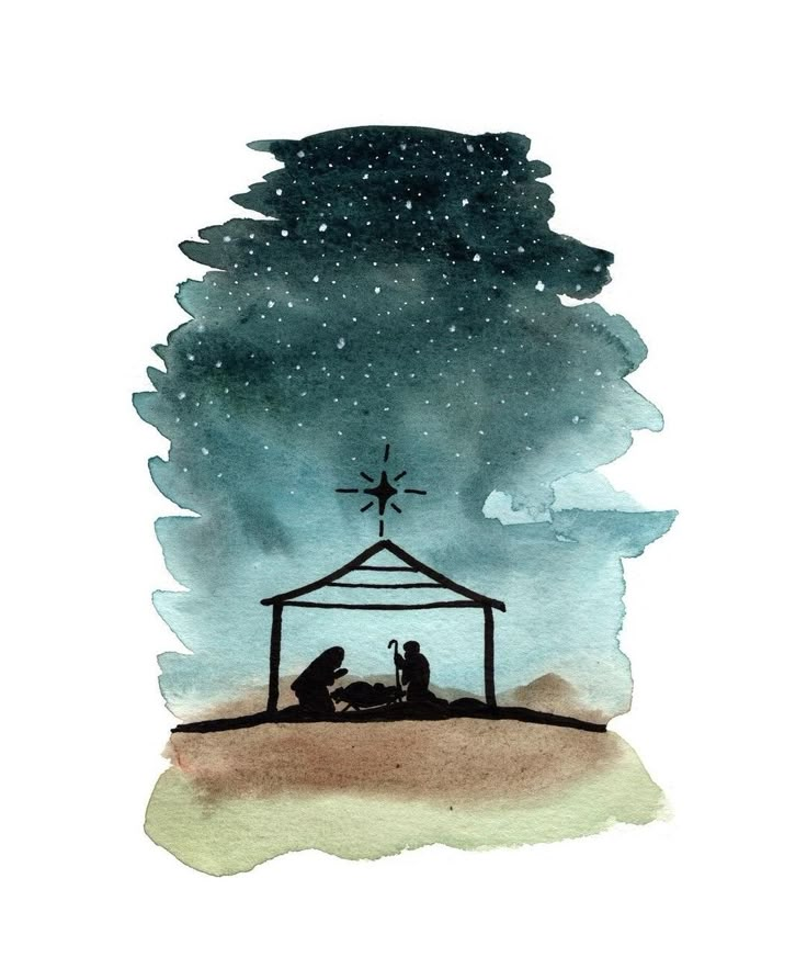 a nativity scene with the birth of jesus and baby jesus under a star filled sky