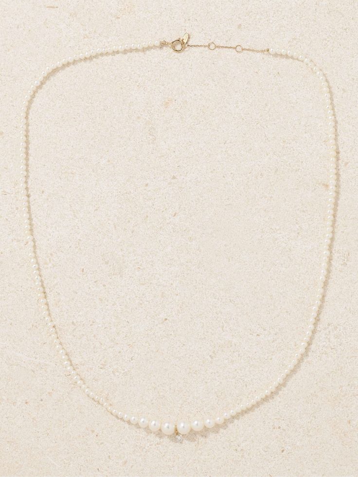 PERSÉE 18-karat gold, pearl and diamond necklace Classic White Chain Necklace With Pearl Charm, Dainty Single Strand White Chain Necklace, Dainty White Single Strand Chain Necklace, White Single Strand 14k Gold Necklace, Single Strand 14k Gold White Necklace, White Minimalist Single Strand Chain Necklace, Elegant White Necklaces With Tiny Beads, Minimalist White Single Strand Chain Necklace, Classic Single Strand Pearl Necklace In 14k Gold