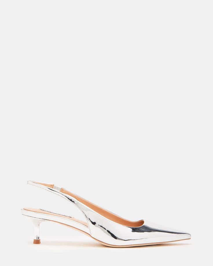 The KARI pump features a point toe, a low kitten heel, and a slim slingback strap for a sleek and streamlined silhouette. Point toe slingback kitten heel mule Slip-on style with slingback strap 2 inch heel height Synthetic upper material Synthetic lining Synthetic sock Synthetic sole Imported