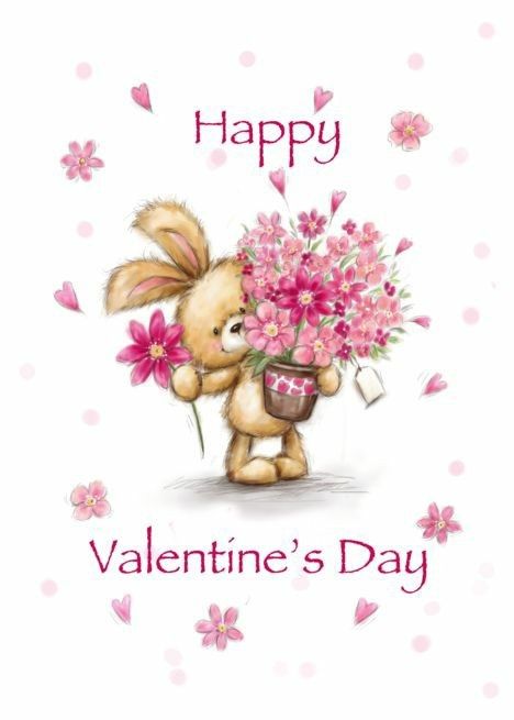 a happy valentine's day card with a bunny holding flowers