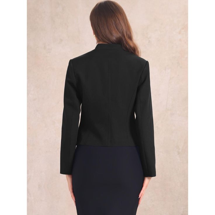 Women's Lapel Stand Collar Business Blazer, the perfect addition to your professional wardrobe. This suit jacket features a classic lapel collar and button closure, exuding sophistication and style. The long sleeves provide comfort and versatility, making it suitable for various work settings. With functional pockets, it offers convenience and practicality. Whether you wear it over a blouse or a dress, this blazer effortlessly elevates your office attire. Stay polished and confident throughout t Fitted Stand Collar Blazer For Semi-formal, Single-breasted Lapel Collar Blazer For Black-tie Events, Black Semi-formal Blazer With Stand Collar, Black Stand Collar Blazer With Button Closure, Black Single-breasted Outerwear With Stand Collar, Elegant Blazers, Crop Blazer, Blazer Beige, Professional Wardrobe