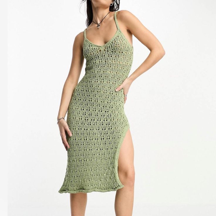 Asos Green Crochet Dress. Size Small But Has Some Stretch Due To The Knit. Brand New With Tags! Stretch Knitted Dresses For Vacation, Knitted Stretch Dress For Vacation, Casual Open Knit Beach Cover-up Dress, Casual Open Knit Dress For Beach Cover-up, Fitted Midi Dress With Crochet Trim, Fitted Knitted Dresses For Beach, Spring Crochet Trim Midi Crochet Dress, Fitted Knit Midi Dress For Beach, Green V-neck Crochet Dress For Summer