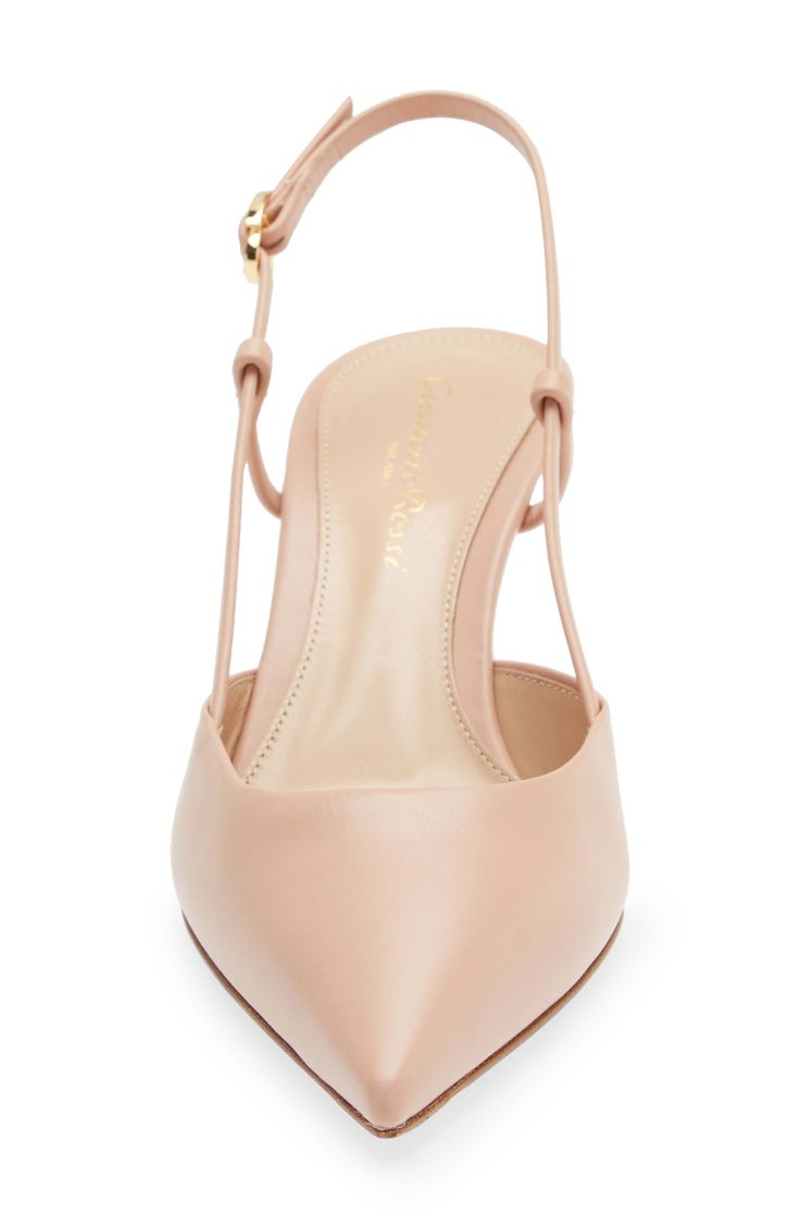 This slingback pump is fronted by a sharp pointy toe, lifted on a walkable kitten heel and detailed with a brand-signature ribbon-shaped buckle. 2 1/2" (64mm) heel (size 38.5) Adjustable slingback strap with buckle closure Leather upper, lining and sole Made in Italy Designer Shoes Luxury Pink Pointed Toe Slingback Pumps, Luxury Pink Slingback Pumps Pointed Toe, Chic Blush Heels With Sculpted Heel, Elegant Pink Kitten Heels With Ankle Strap, Elegant Pink Slingback Pumps With Wrapped Heel, Feminine Pink Slingback Pumps With Sculpted Heel, Blush Low Heel Elegant Shoes, Chic Blush Heels With Pointed Toe, Blush Elegant Low Heel Shoes