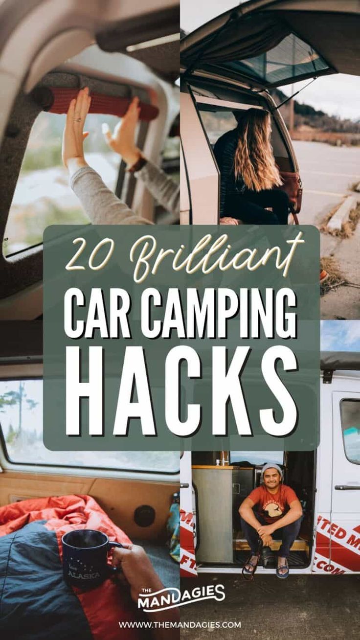 two women sitting in the back of a van with text overlay reading 20 brilliant car camping hacks