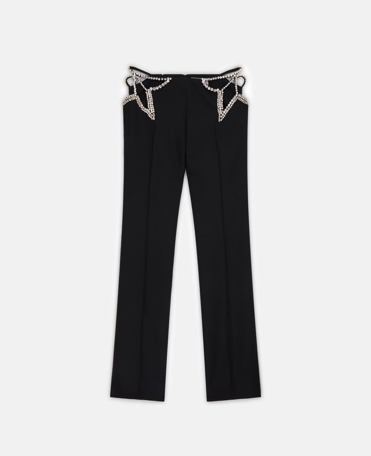 Designer Fitted Pants For Evening, Designer Fitted Evening Pants, Fitted Embellished Trousers, Embellished Fitted Trousers, Luxury Embellished Bottoms For Party, Elegant Embellished Straight Pants, Fitted Embellished Pants For Workwear, Designer Fitted Evening Bottoms, Tailored Luxury Pants For Night Out