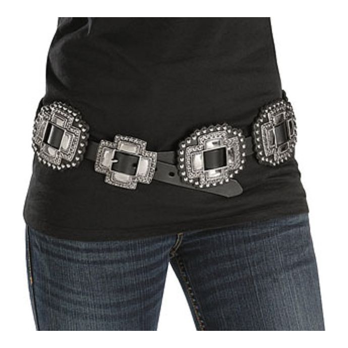 Roper Women's Large Cross Concho Belt Show your love of the western lifestyle with women's fashion accessories from Roper. This womens accessory features bridle top grain leather, large silver finish cross-shaped slide, and concho accents. This belt is the perfect complement to a western style wardrobe. Features: Leather belt 1" wide, Cross 3" X 3" wide LargeSilver Finish Cross-Shaped Slide Concho Accents Bridle Top Grain Leather Imported ​There are multiple size adjustment holes. The fit varies Black Concho Belt, Western Gala, Country Girl Belts, Western Wear Women, Concho Belts, Womens Belts, Women's Belts, Concho Belt, Cowgirl Chic