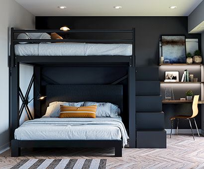 a bedroom with a bunk bed and desk in it